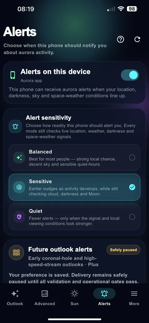 Aurora Beacon alert sensitivity settings