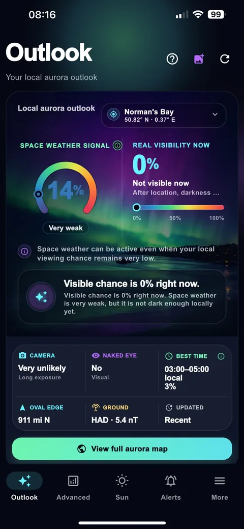 Local Aurora Outlook showing space weather signal, real visibility and best time