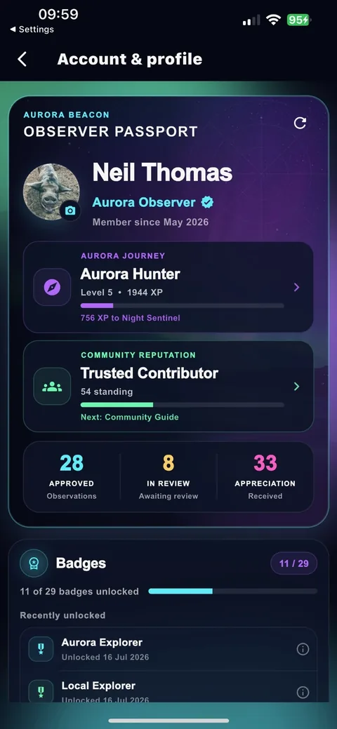 Aurora Beacon Observer Passport account and profile screen